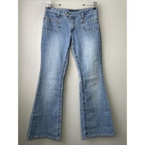 Y2K Sweet Jeans Low Rise Size 11 Blue Denim Flare Grunge Button Flap Pockets